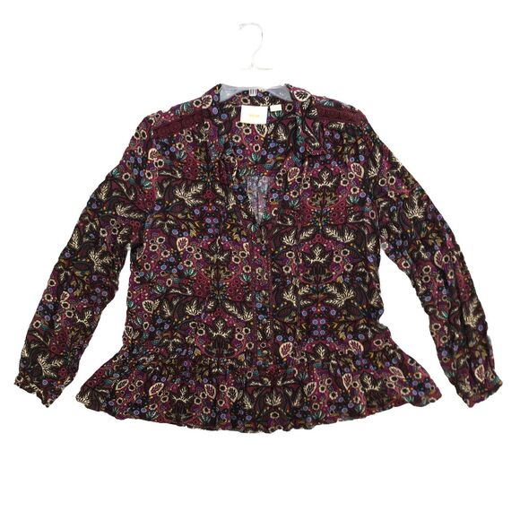 Maeve Anthropologie Janie Flounced Peasant Blouse Womens Sz 12 Dark Moody Floral - Picture 11 of 16
